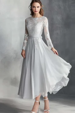 Chiffon Cinza Uma Linha Mãe do Vestido de Noiva com Apliques de Renda