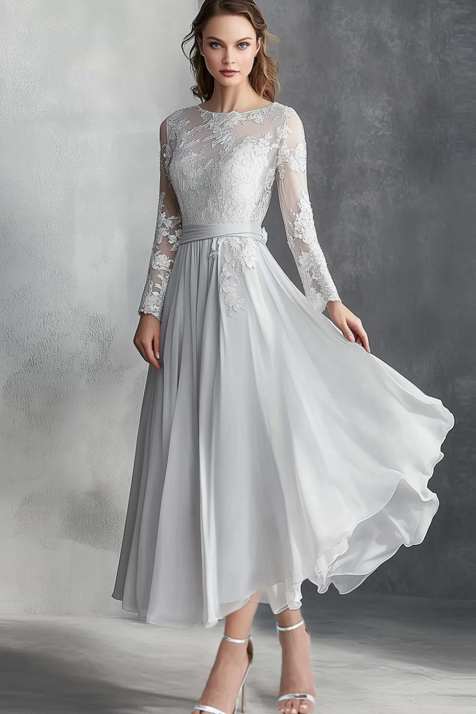 Chiffon Cinza Uma Linha Mãe do Vestido de Noiva com Apliques de Renda
