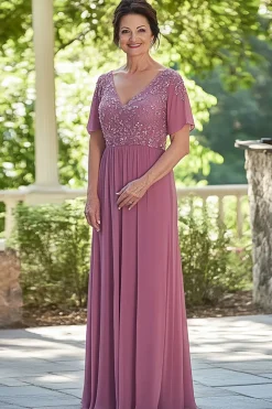Chiffon Dusty Rose V-Neck Mãe do Vestido de Noiva com Meias Mangas