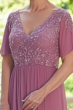 Chiffon Dusty Rose V-Neck Mãe do Vestido de Noiva com Meias Mangas
