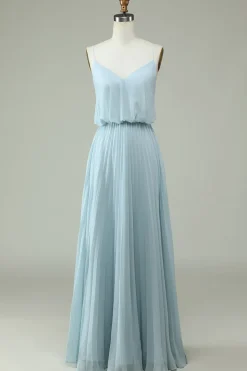 Chiffon Espaghetti Correias Sky Blue Vestido Longo Madrinha