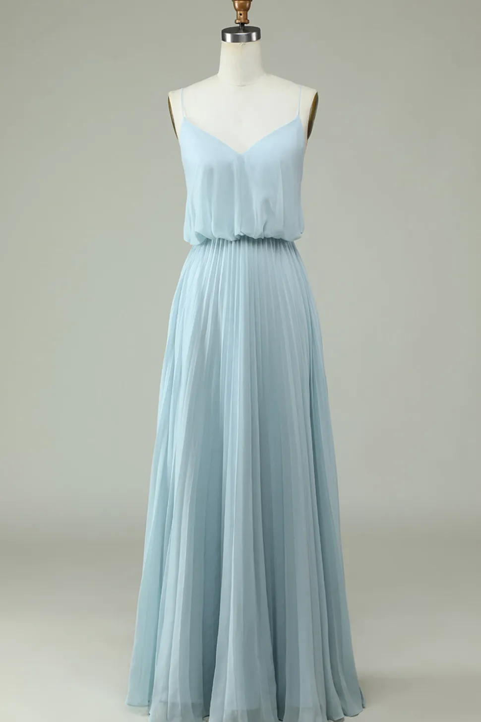 Chiffon Espaghetti Correias Sky Blue Vestido Longo Madrinha