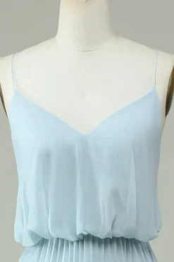 Chiffon Espaghetti Correias Sky Blue Vestido Longo Madrinha