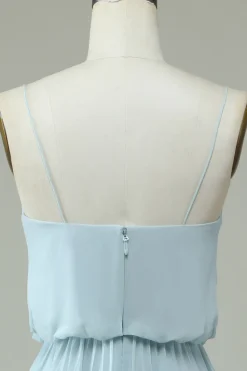 Chiffon Espaghetti Correias Sky Blue Vestido Longo Madrinha