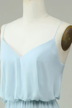 Chiffon Espaghetti Correias Sky Blue Vestido Longo Madrinha