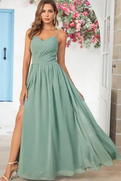 Chiffon Esparguete Alças Eucalipto Vestido Madrinha