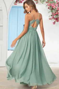 Chiffon Esparguete Alças Eucalipto Vestido Madrinha