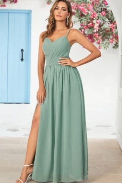 Chiffon Esparguete Alças Eucalipto Vestido Madrinha