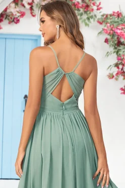 Chiffon Esparguete Alças Eucalipto Vestido Madrinha