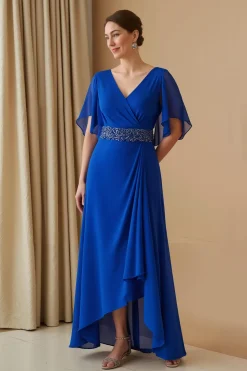 Chiffon Flutter Manga V Pescoço Uma Linha Royal Blue Wedding Guest Dress com Missangas