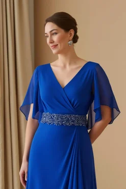 Chiffon Flutter Manga V Pescoço Uma Linha Royal Blue Wedding Guest Dress com Missangas
