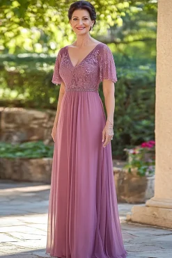 Chiffon Lace Applique V Neck Long Dusty Rosa Mãe do Vestido da Noiva com Mangas Curtas
