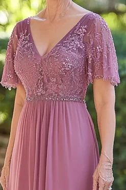 Chiffon Lace Applique V Neck Long Dusty Rosa Mãe do Vestido da Noiva com Mangas Curtas