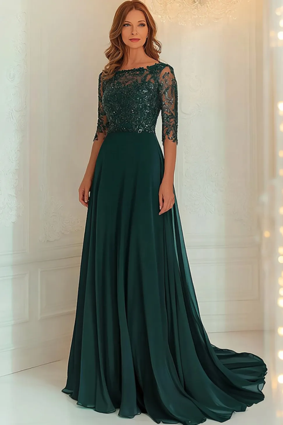 Chiffon Lace Verde Escuro Mãe Do Vestido Com 3/4 Mangas