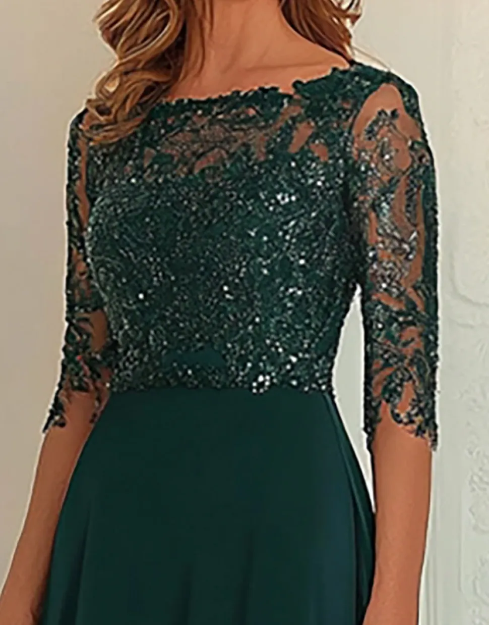 Chiffon Lace Verde Escuro Mãe Do Vestido Com 3/4 Mangas