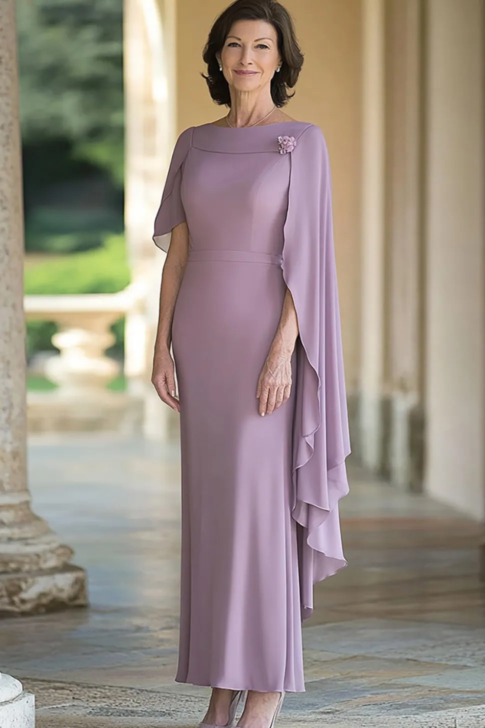 Chiffon Lilás Bainha Pescoço de Barco Longo Vestido Mae Noiva