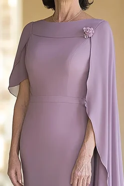 Chiffon Lilás Bainha Pescoço de Barco Longo Vestido Mae Noiva