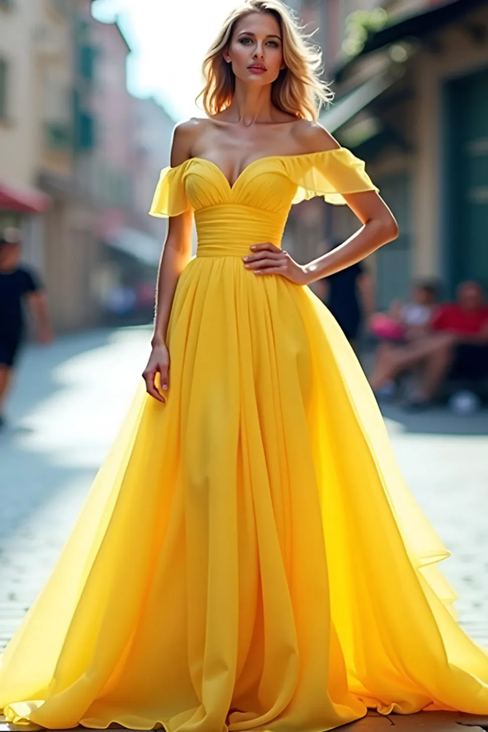 Chiffon Long A Line Yellow Off The Shoulder Prom Dress