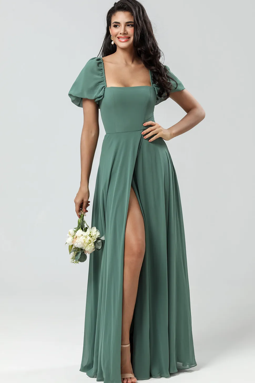 Chiffon Puff Mangas Uma Linha Verde Vestido Madrinha