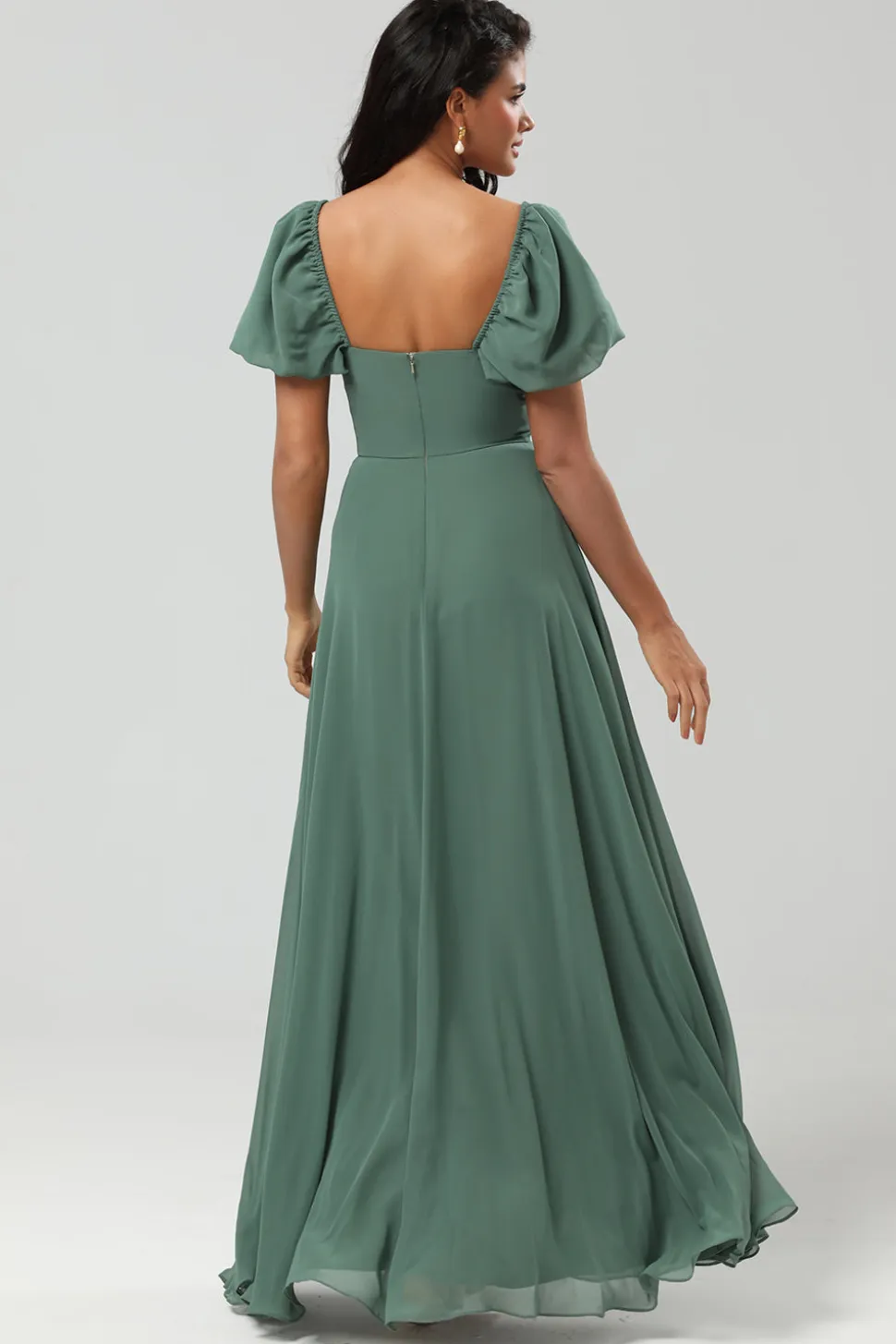 Chiffon Puff Mangas Uma Linha Verde Vestido Madrinha