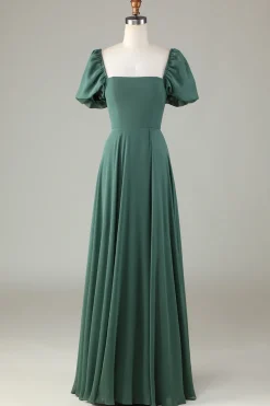 Chiffon Puff Mangas Uma Linha Verde Vestido Madrinha