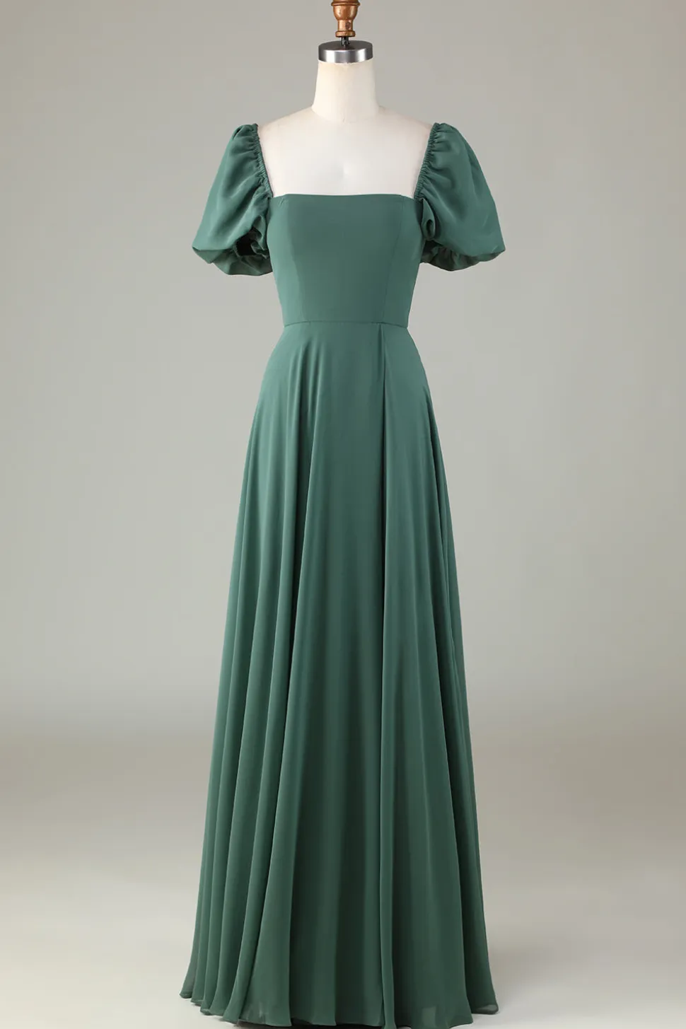 Chiffon Puff Mangas Uma Linha Verde Vestido Madrinha