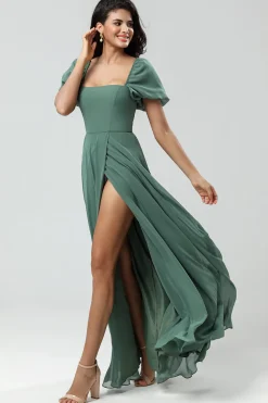 Chiffon Puff Mangas Uma Linha Verde Vestido Madrinha