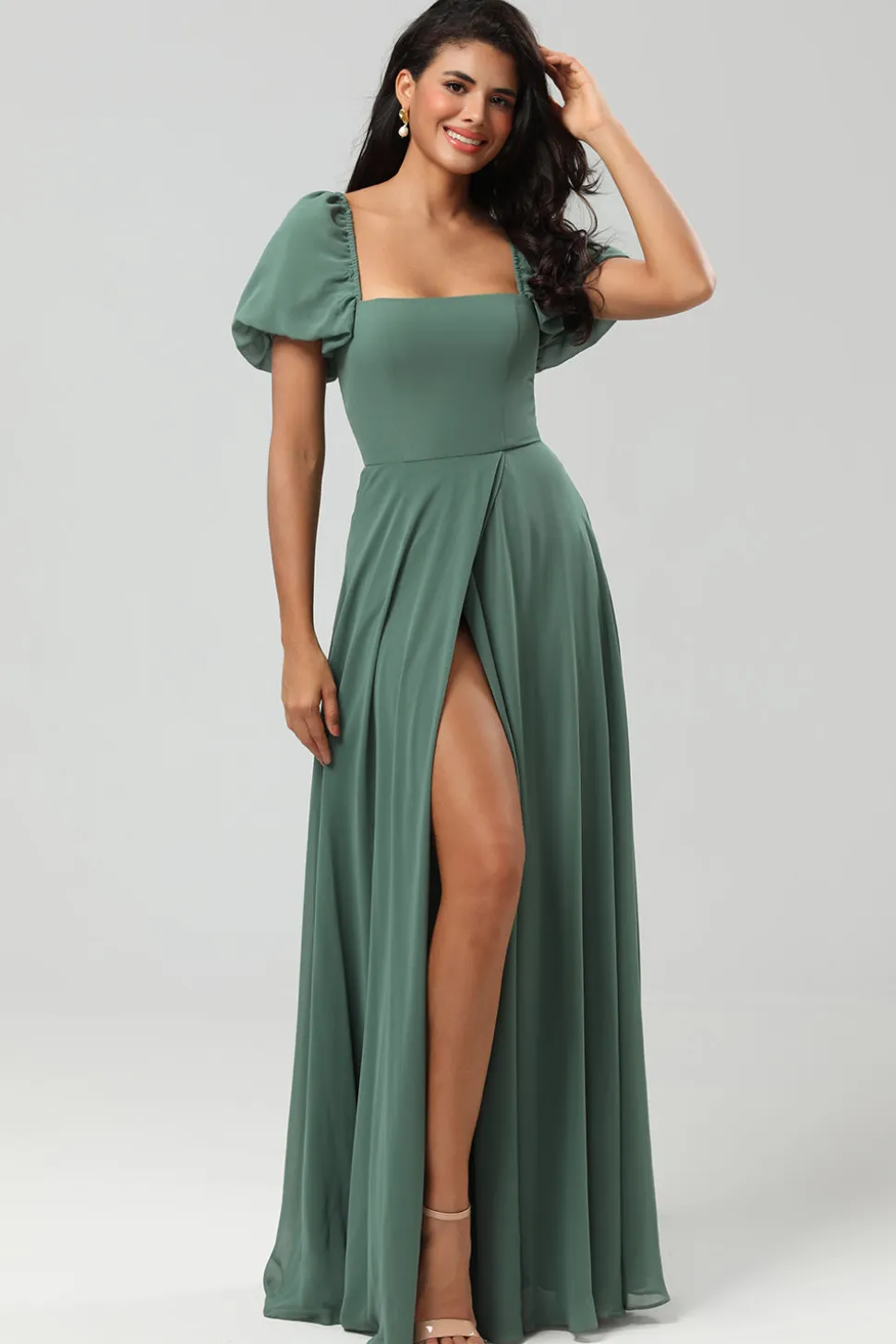 Chiffon Puff Mangas Uma Linha Verde Vestido Madrinha