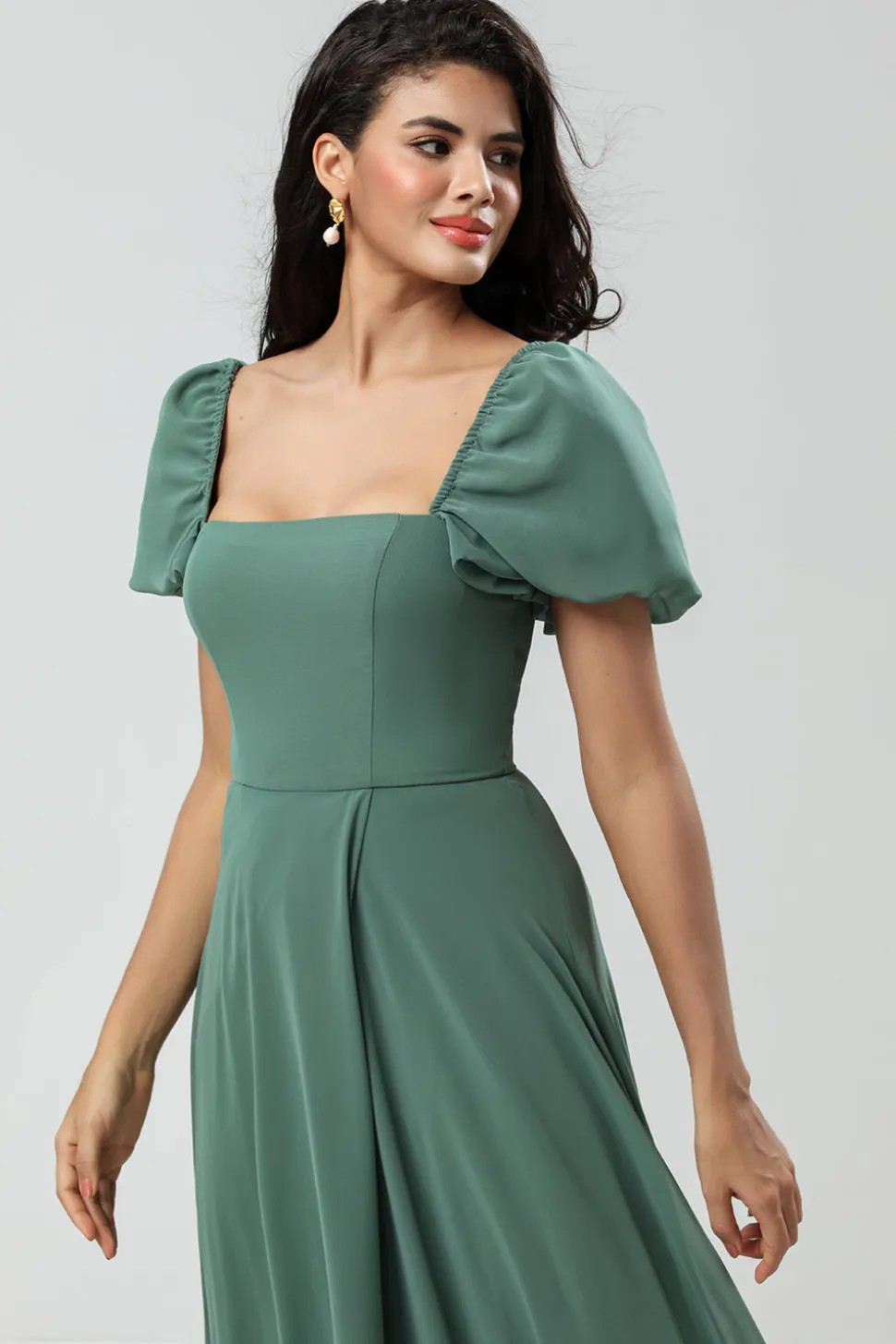 Chiffon Puff Mangas Uma Linha Verde Vestido Madrinha