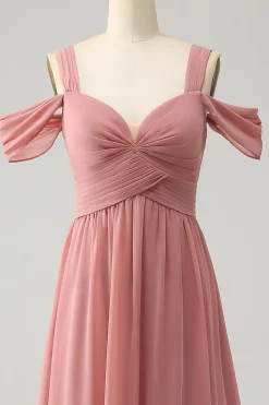 Chiffon Red A Line Spaghetti Correias Vestido de Dama de Honra Plissado com Fenda