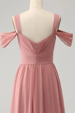 Chiffon Red A Line Spaghetti Correias Vestido de Dama de Honra Plissado com Fenda