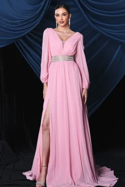 Chiffon rosa mangas longas vestido de baile com fenda