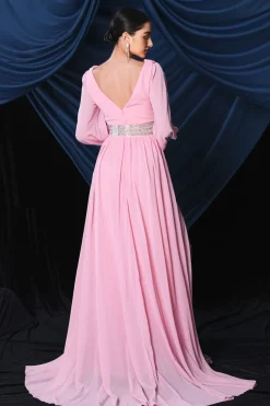 Chiffon rosa mangas longas vestido de baile com fenda