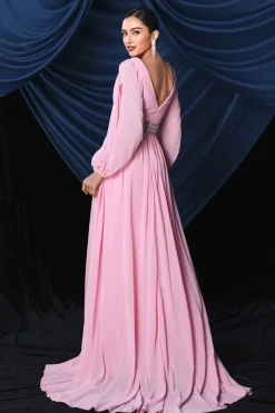 Chiffon rosa mangas longas vestido de baile com fenda