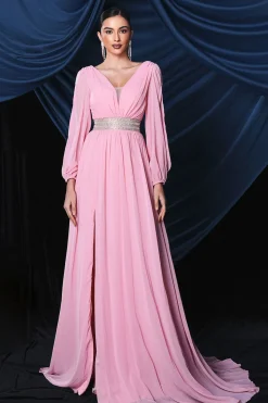 Chiffon rosa mangas longas vestido de baile com fenda