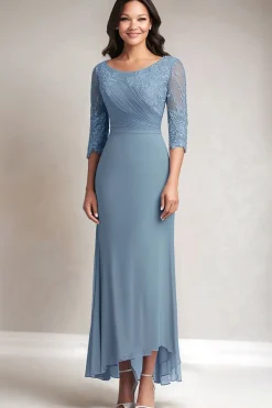 Chiffon Round Neck Lace Dusty Blue Mãe do Vestido da Noiva com Meia Manga