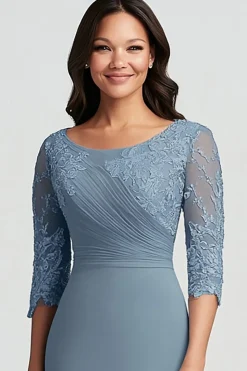 Chiffon Round Neck Lace Dusty Blue Mãe do Vestido da Noiva com Meia Manga