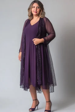 Chiffon roxo brilhante Uma linha V pescoço mangas compridas mãe do vestido da noiva