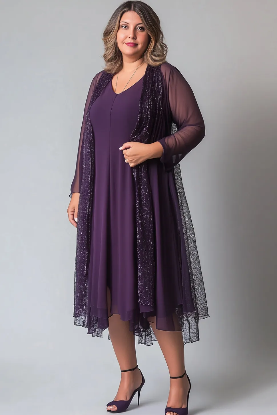 Chiffon roxo brilhante Uma linha V pescoço mangas compridas mãe do vestido da noiva