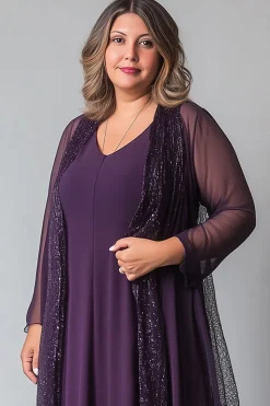 Chiffon roxo brilhante Uma linha V pescoço mangas compridas mãe do vestido da noiva