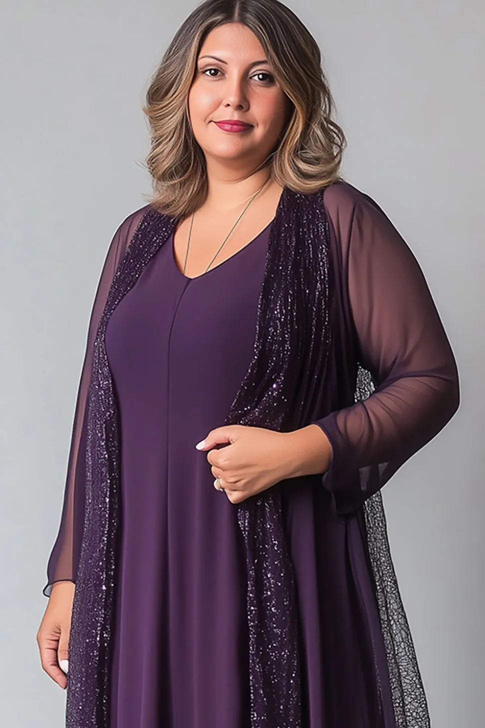 Chiffon roxo brilhante Uma linha V pescoço mangas compridas mãe do vestido da noiva