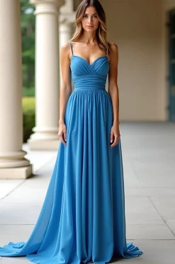 Chiffon Uma Linha Azul Esparguete Correias Ruched Prom Dress