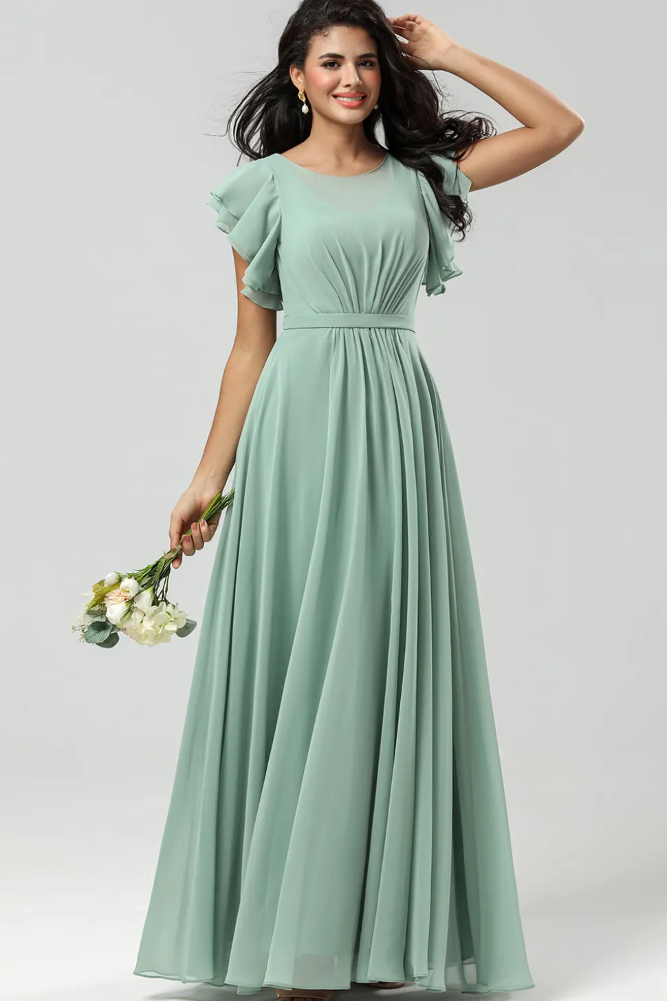 Chiffon Uma linha vestido verde dama de honra com plissado
