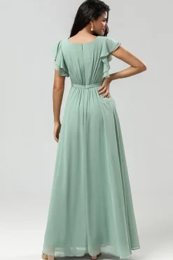 Chiffon Uma linha vestido verde dama de honra com plissado