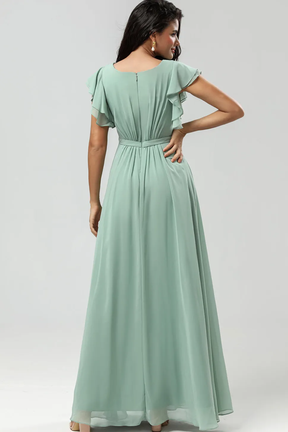 Chiffon Uma linha vestido verde dama de honra com plissado