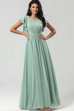 Chiffon Uma linha vestido verde dama de honra com plissado