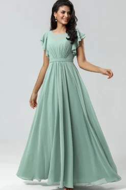 Chiffon Uma linha vestido verde dama de honra com plissado