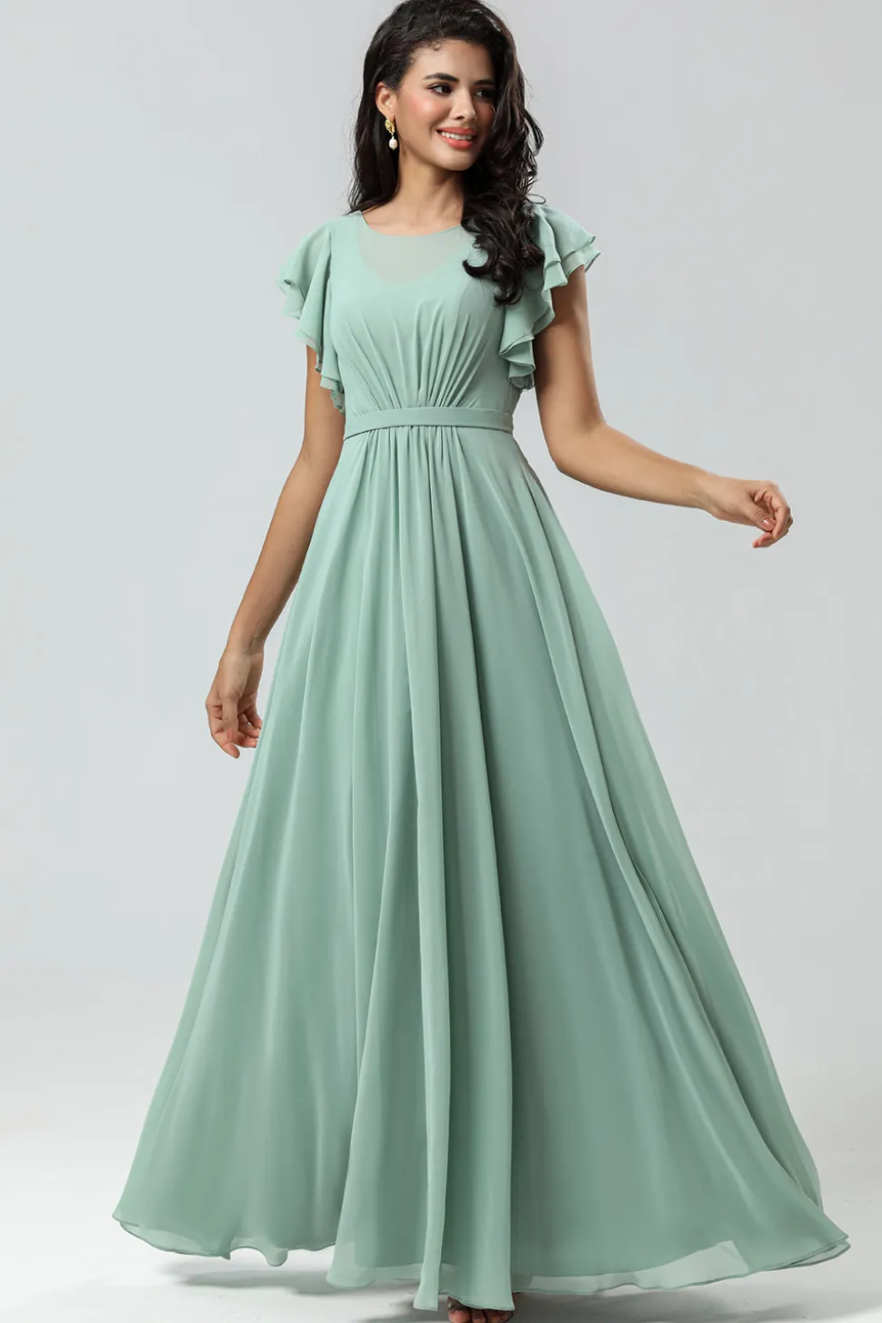 Chiffon Uma linha vestido verde dama de honra com plissado