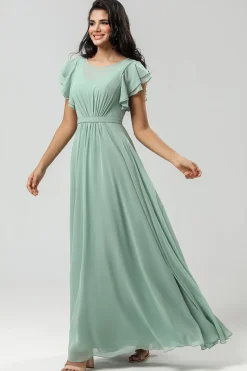 Chiffon Uma linha vestido verde dama de honra com plissado