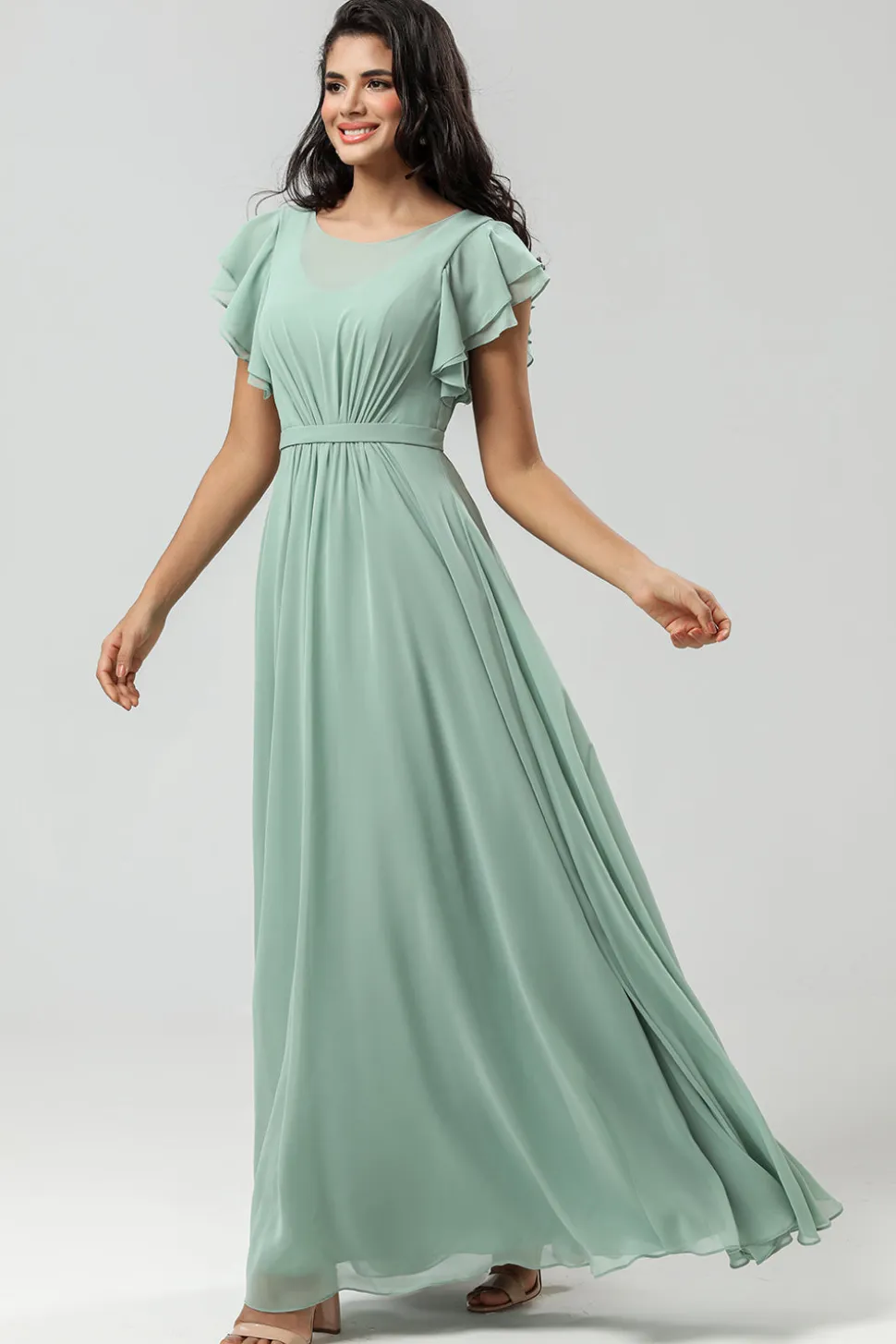Chiffon Uma linha vestido verde dama de honra com plissado